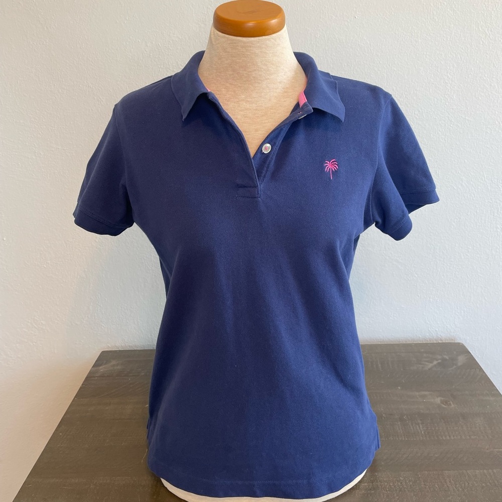 Lilly Pulitzer Shrunken Dark Blue Polo Shirt with Palm Tree Size Small